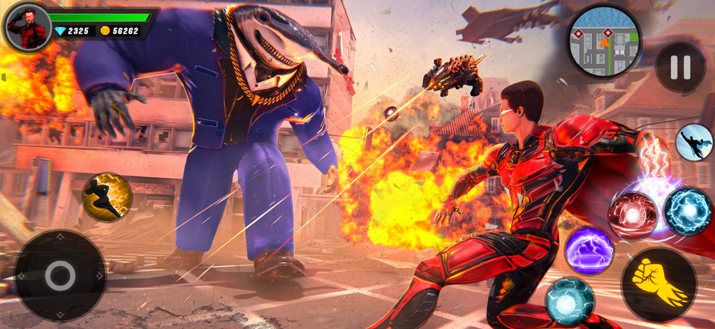 GT Gangster Monster Survival - Ein roter Superheld im futuristischen Anzug kämpft in einer Stadt mit Explosionen gegen ein riesiges Monster mit Haikopf.