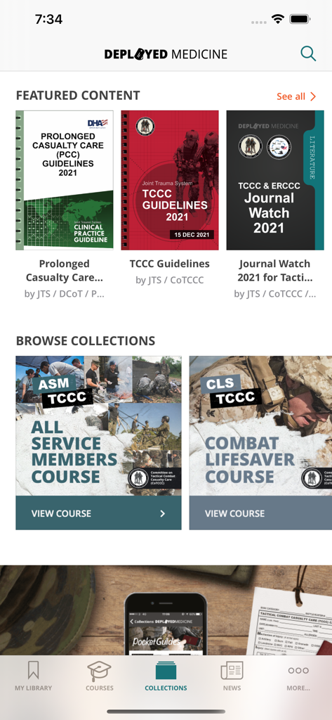 Deployed Medicine app home screen showing military medical guidelines and TCCC training courses