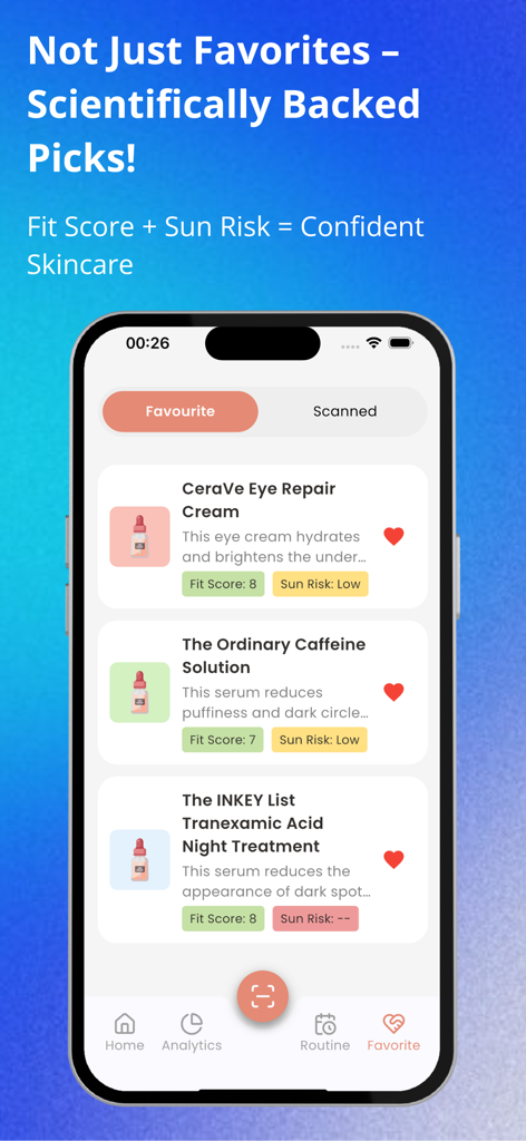 A list of favorite skincare products in the SkinMama app showing AI-generated fit scores and sun risk analysis.