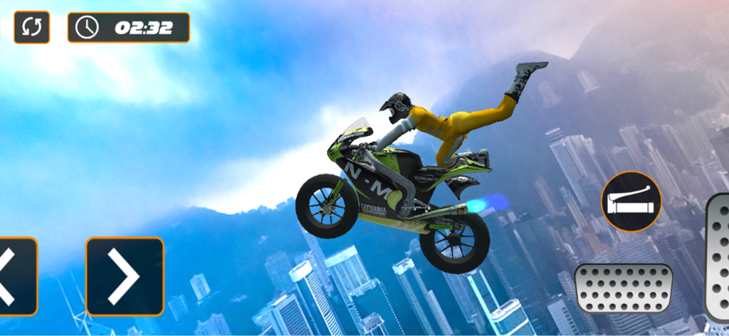 Motor Rider: Real Bike Driving - Un motociclista realizando una acrobacia en el aire sobre el horizonte de la ciudad en un juego móvil