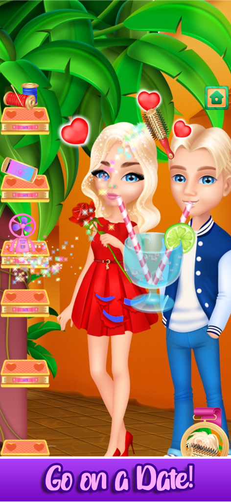 Girls High School Makeup Salon - Une fille en robe rouge et un garçon en veste universitaire lors d'un rendez-vous partageant une boisson tropicale avec des cœurs au-dessus d'eux