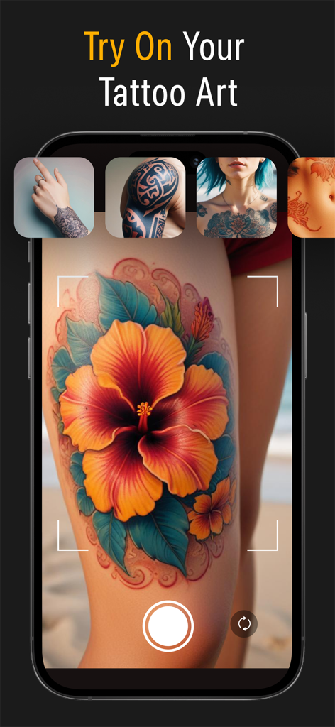 AI Tattoo Generator - The INK - Interfaz móvil de RA que muestra un diseño de tatuaje de una flor de hibisco grande visualizado en la pierna de una persona a través de la cámara de un smartphone.
