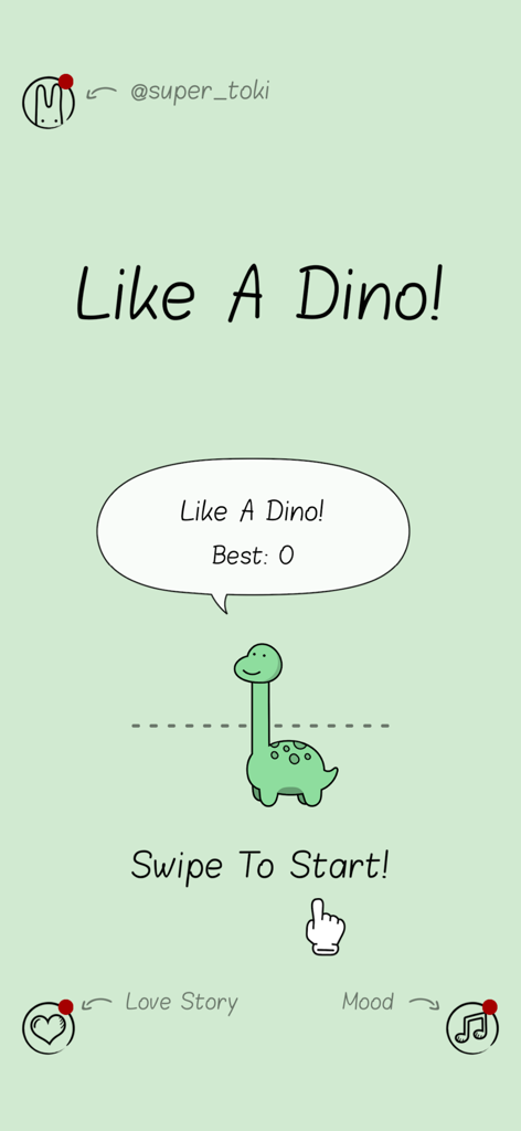 Start screen of Like A Dino mobile game with a cute green dinosaur