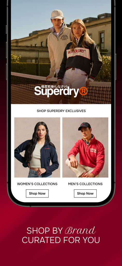 bFab : Shop Trends Online - bFab 앱 인터페이스에 Superdry 남성 및 여성 패션 컬렉션과 쇼핑하기 버튼 표시