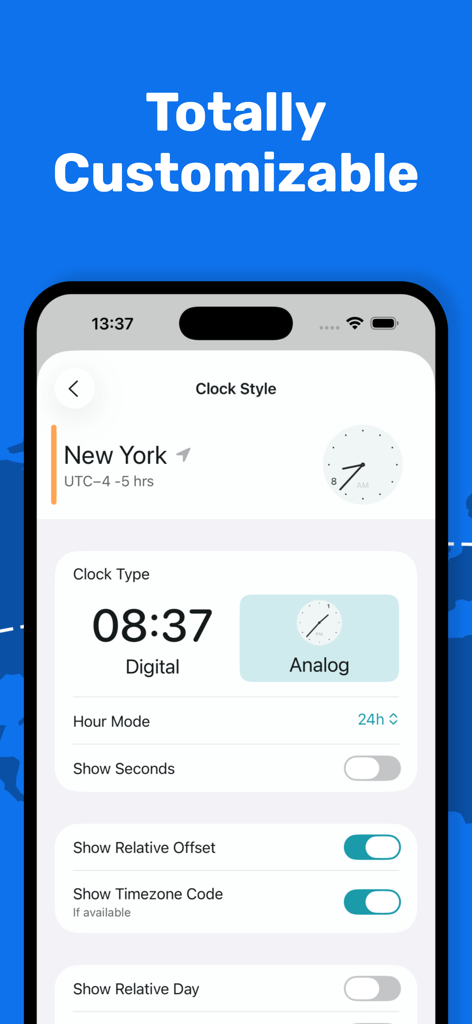 Customization screen in the World Clock app showing options for digital or analog clock styles and timezone display settings.