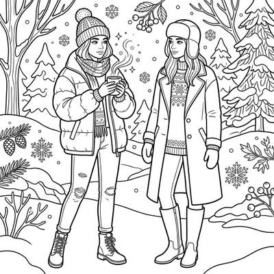 Step into a chic winter wonderland with this captivating fashion photography coloring page, showcasing two elegantly dressed models amidst a serene snowy landscape. Unleash your creativity by bringing their cozy yet stylish ensembles and the festive winter scenery to life with your favorite colors.