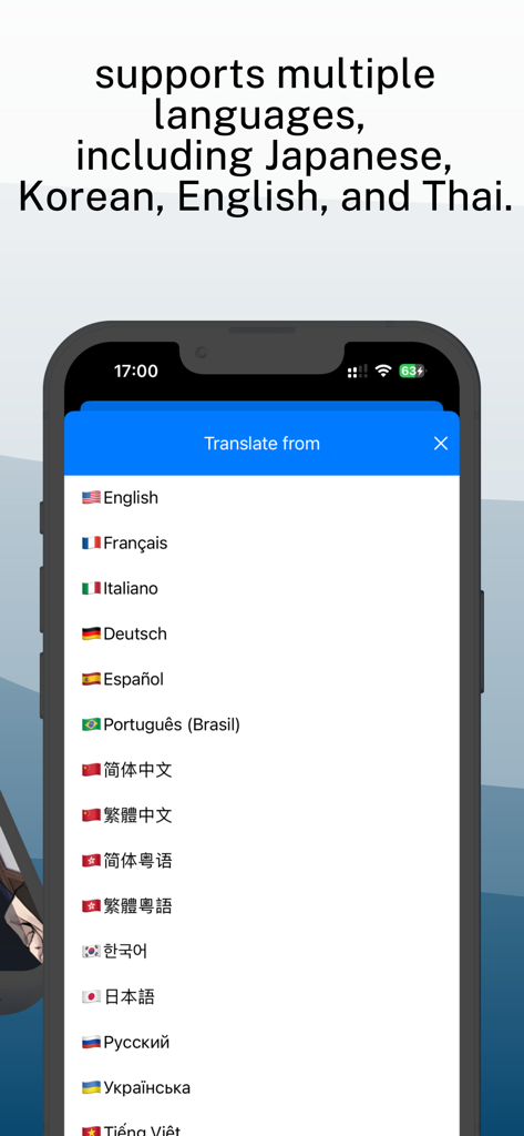 iTranscreenアプリのインターフェースに、それぞれの国旗と共に様々な翻訳言語のリストが表示されている