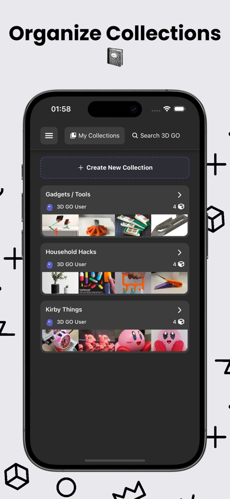 Mobile interface of 3D GO app showing organized 3D model collections like Gadgets and Household Hacks