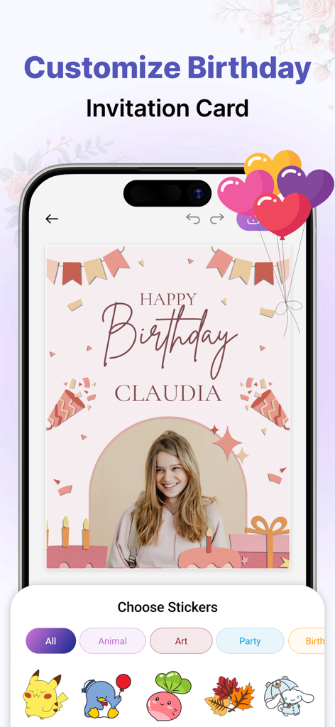 Invitation Card & Design Maker - Une interface d'application mobile pour personnaliser une carte d'invitation d'anniversaire avec des photos et des autocollants.