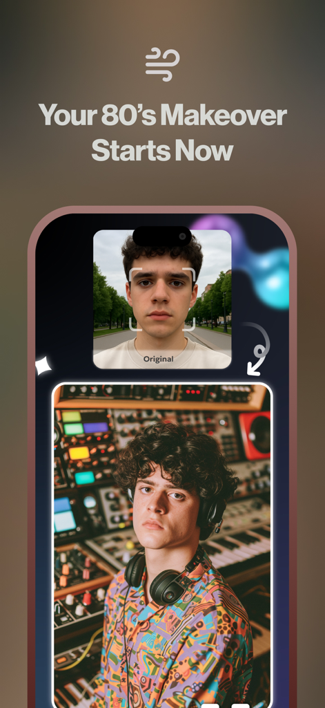 Facely: AI Face Swap & Art - A before and after comparison of a young man transformed into an 80s style DJ using Facely AI
