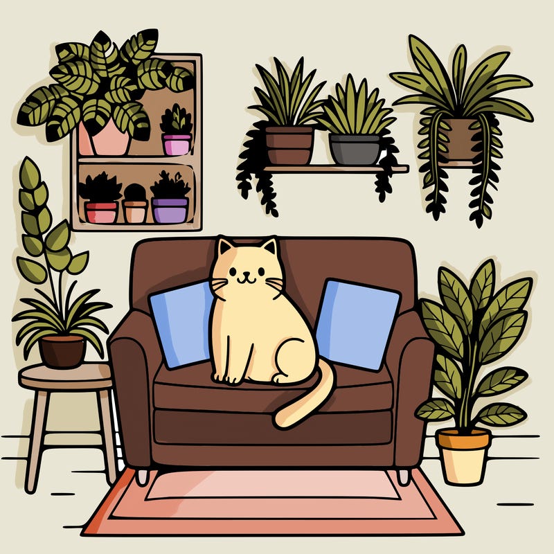 cat on a sofa in a room full of plants