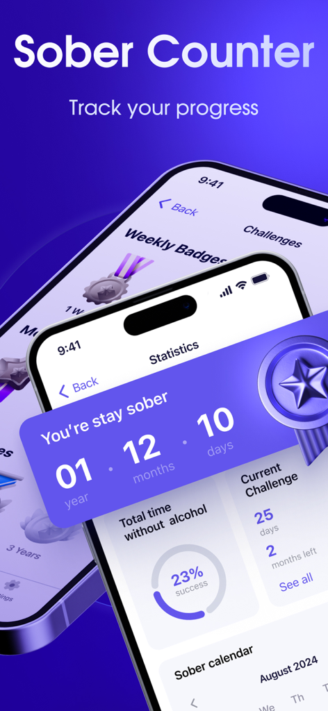 Sober Counter, Alcohol Tracker - ReSober App Dashboard zeigt Nüchternheit-Zähler und Fortschrittsstatistiken der Alkohol-Nachverfolgung
