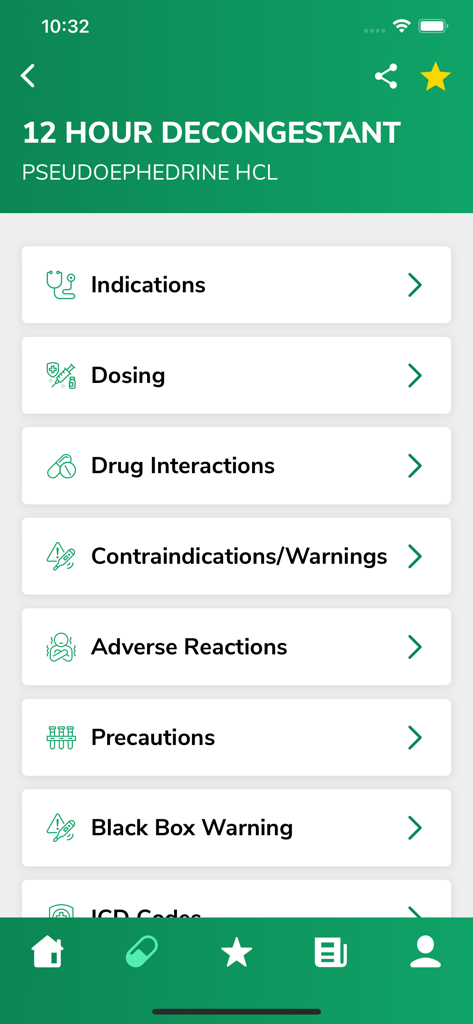 COSA: Medication Information - Mobile app interface showing clinical drug information categories for 12 hour decongestant pseudoephedrine