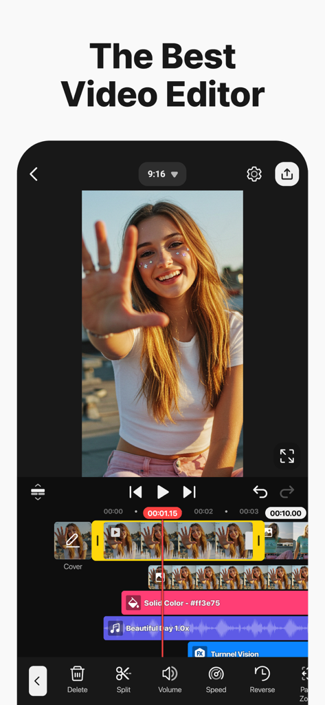 Interfaz del editor de video KineMaster que muestra una línea de tiempo de múltiples capas para la edición de vlogs