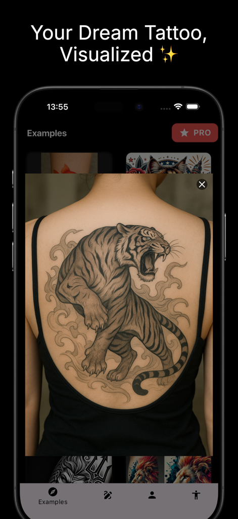 BlackInk : AI Tattoo Generator - A woman visualizing a large tiger tattoo on her back using the BlackInk AI tattoo generator app.