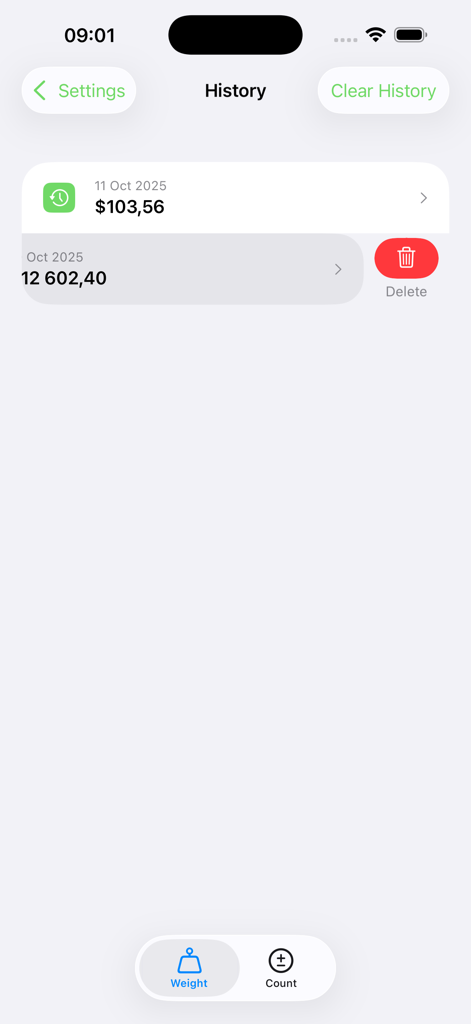 Coin Counter - CoinPouch - Ein Screenshot des Verlaufsbildschirms in der CoinPouch-App, der eine Liste früherer Münz­gewichtsberechnungen und eine Löschoption anzeigt.