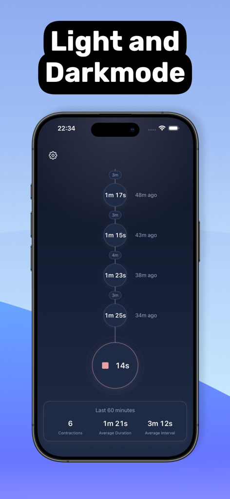 Un teléfono inteligente que muestra la interfaz en modo oscuro de la aplicación Temporizador de contracciones para el parto, mostrando el historial y las estadísticas de las contracciones.