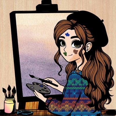 realistic girl artist painting a blank canvas