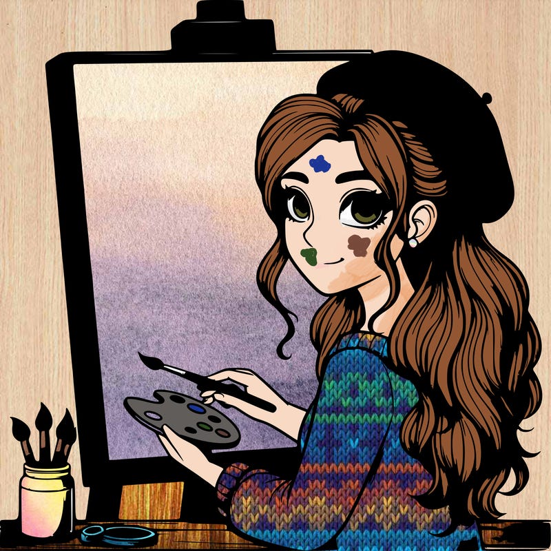 realistic girl artist painting a blank canvas