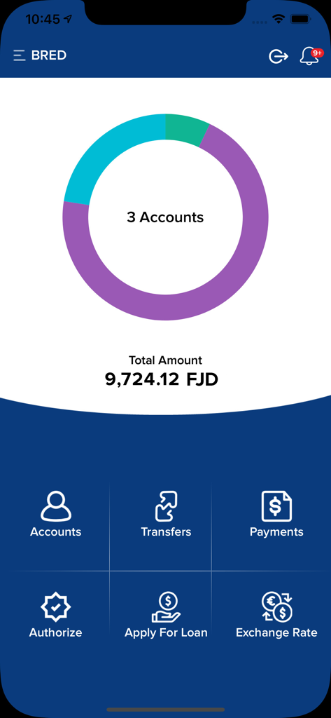 BRED Fiji Business Connect - BRED Fiji Business Connect app dashboard displaying account balance in FJD and business banking navigation icons