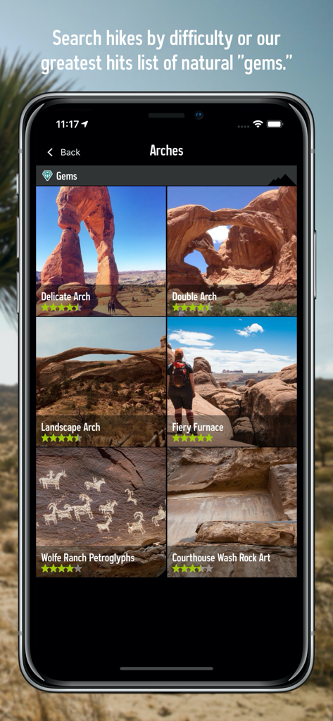 National Park Trail Guide - National Park Trail Guide app showing a list of top hiking destinations and gems in Arches National Park