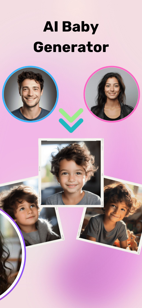 AI Baby Generator Face Maker. - Interface do aplicativo gerador de bebês por IA mostrando a previsão do rosto de uma criança a partir de fotos de dois pais
