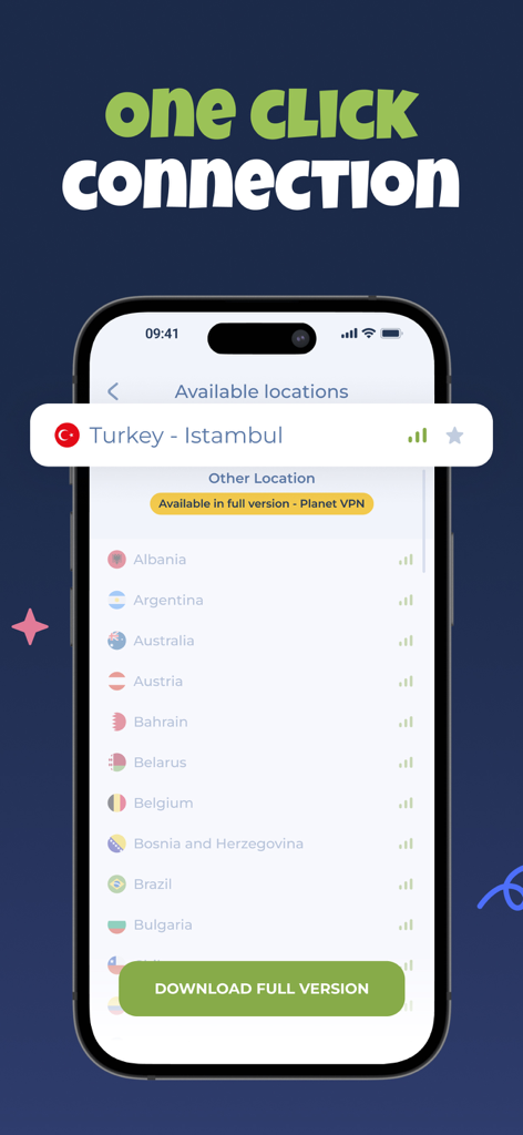 VPN Turkey – Fast and Private - Interface do aplicativo móvel mostrando o servidor de Istambul selecionado em uma lista de locais globais para conexão com um clique