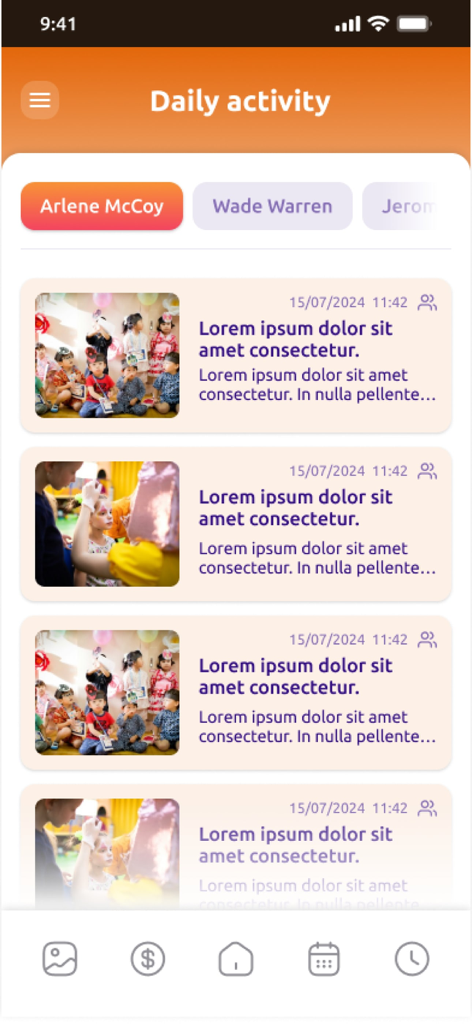 DigiKids - DigiKids mobile app screen displaying a daily activity feed for a student with photos and status updates from school