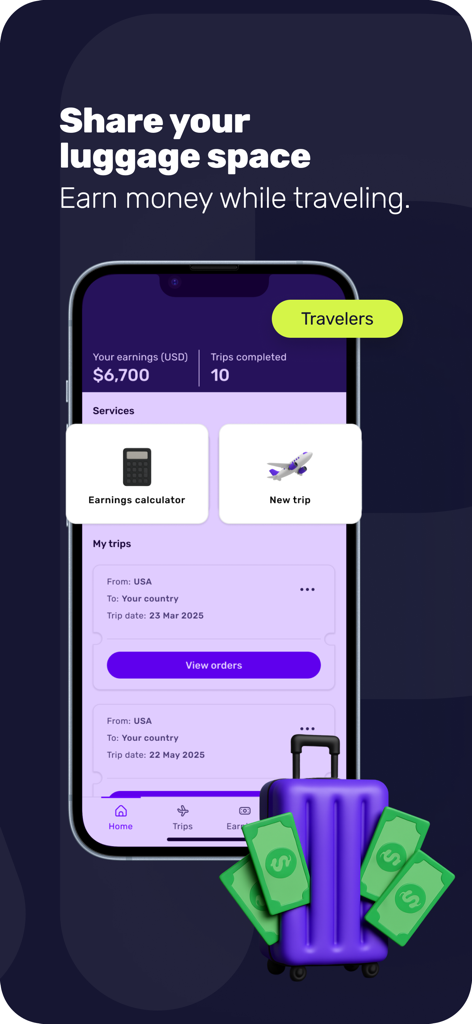 Shappi - Shappi app traveler dashboard showing earnings and trips with a suitcase and money
