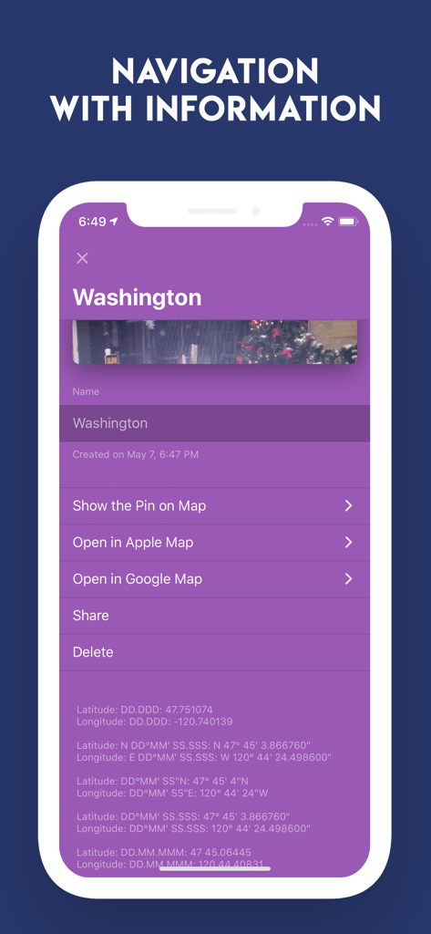 GPS Coordinates Converter app interface showing saved location with various coordinate formats