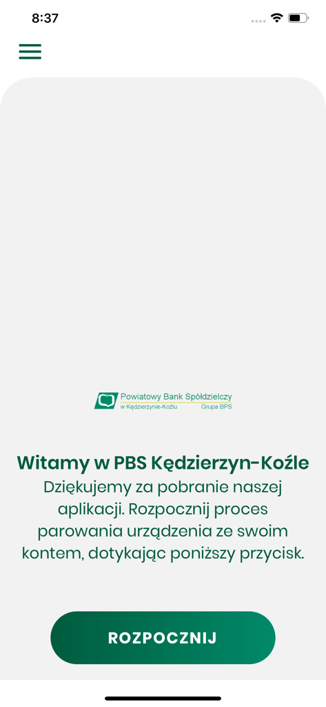 PBS Kędzierzyn-Koźle - Pantalla de bienvenida de la aplicación de banca móvil PBS Kedzierzyn Kozle en polaco