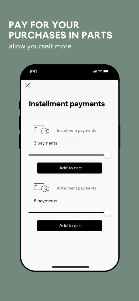 INTERTOP app screenshot showing installment payment options to pay for purchases in parts.