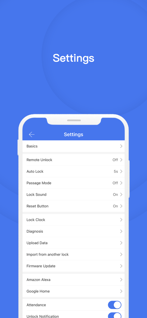 Screenshot of the TTLock mobile app settings menu showing various lock configuration options and smart home integrations.