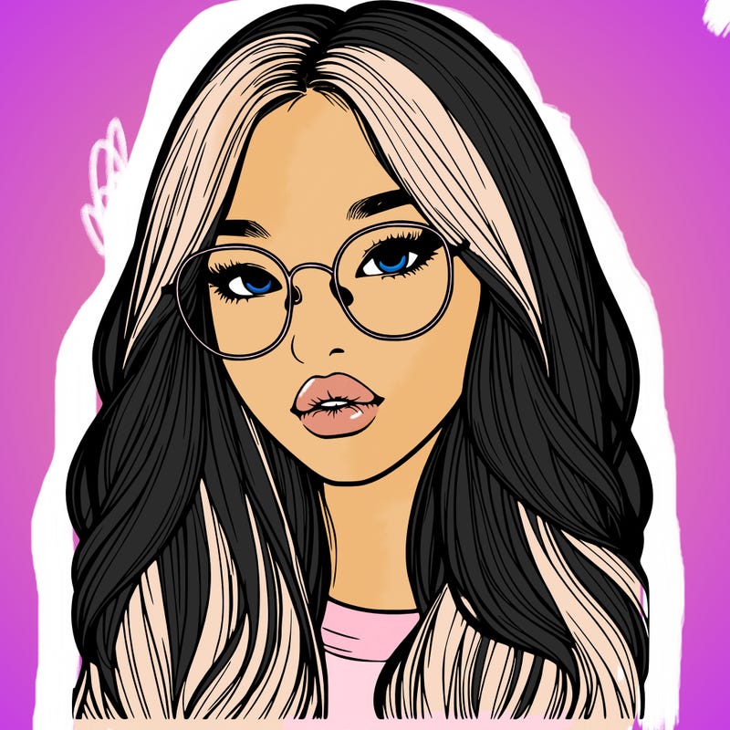 realistic korean girl with long hair, glasses and big lips