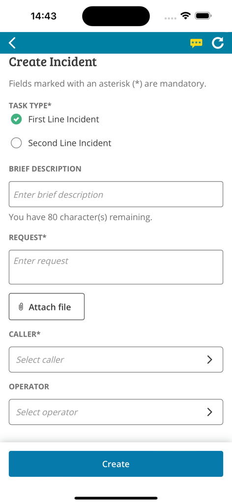 Screenshot dell'interfaccia dell'app mobile TOPdesk per la creazione di un nuovo incidente di servizio