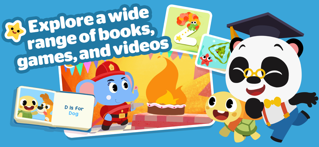 Dr. Panda - Learn & Play - Dr. Panda in a graduation cap with friends showing various educational games, books, and videos.