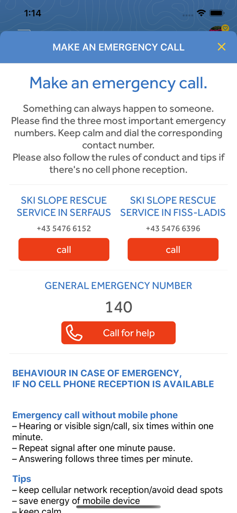 Écran d'appel d'urgence avec les numéros de secours sur les pistes de ski et les instructions SOS dans l'application Serfaus-Fiss-Ladis.