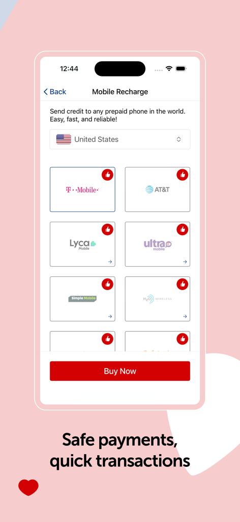 MobileRecharge: Top up mobiles - Interfaz de la aplicación MobileRecharge mostrando una lista de operadores móviles de EE. UU. para recargas prepagas