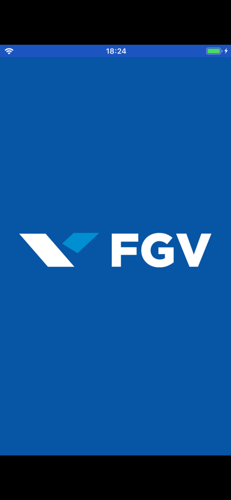 FGV - Tela de apresentação do aplicativo móvel FGV com o logo branco institucional sobre um fundo azul sólido