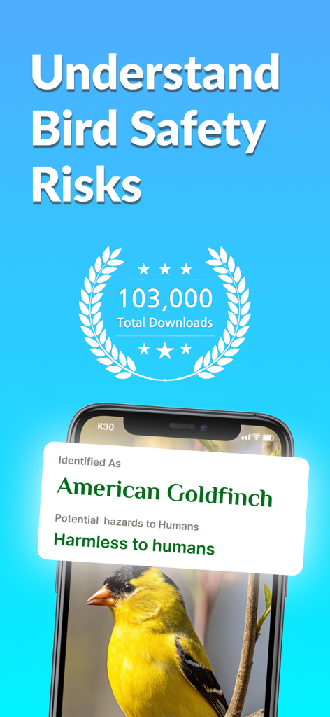 Bird Identifier app interface showing safety information for an American Goldfinch and total download count.