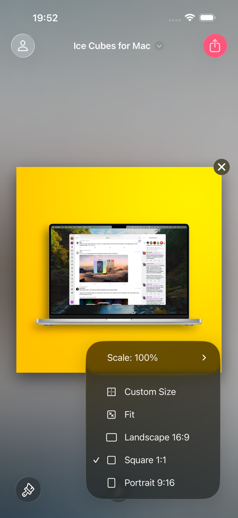 Frame Screenshots: Shareshot - Shareshot App-Oberfläche mit einem gerahmten MacBook-Screenshot und einem Menü zur Auswahl von Seitenverhältnissen.