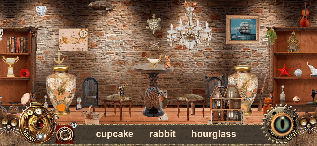 Gameplay-Screenshot eines Wimmelbild-Levels in Alice im Wunderland mit einer Liste von zu findenden Gegenständen