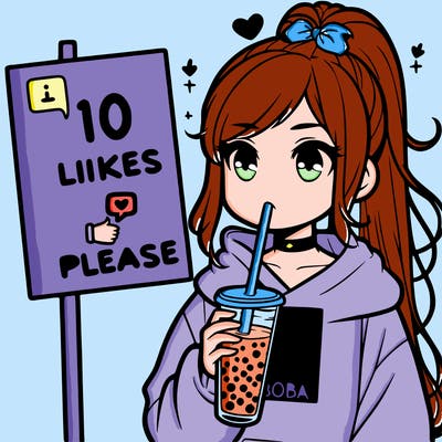 girl with a high ponytail and a hoodie drinking boba staring at a sign saying 10 likes please