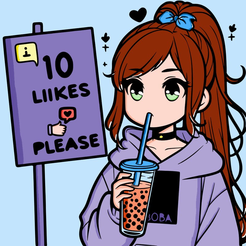 girl with a high ponytail and a hoodie drinking boba staring at a sign saying 10 likes please