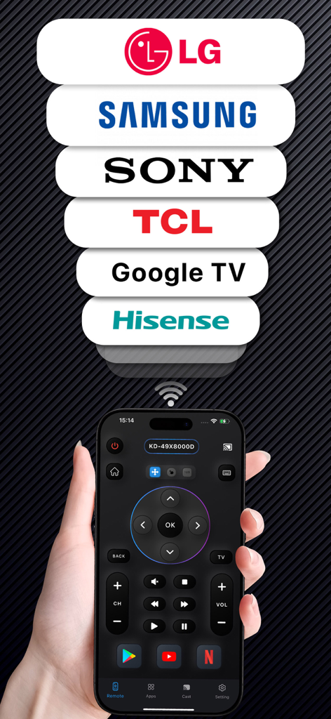 TV Remote — Universal Remote - Universal TV remote app interface on iPhone supporting major brands like LG and Samsung