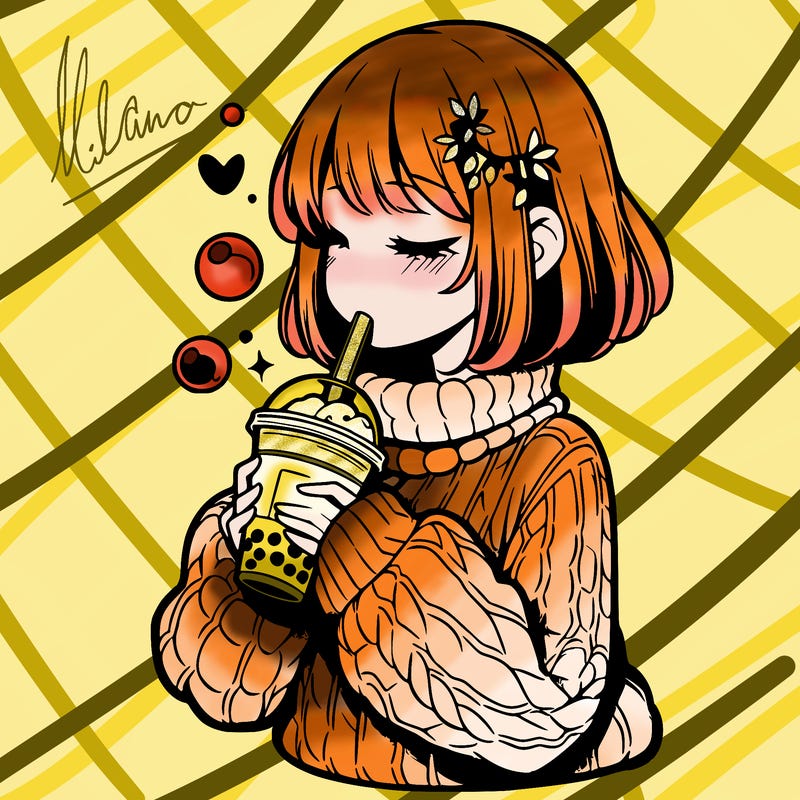 manga girl drinking boba in cozy sweater