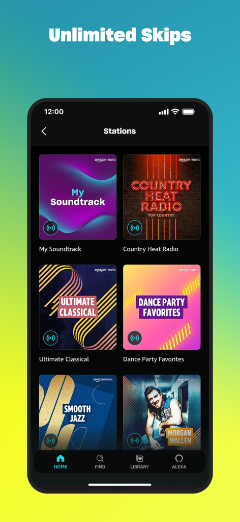 A mobile interface of the Amazon Music app showing the Stations screen with several genre-based playlists and a top banner advertising unlimited skips