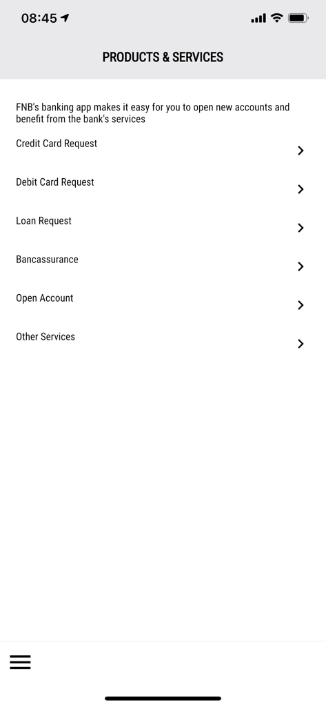 Products and Services menu in the FNB Mobile App featuring options for credit card, debit card, and loan requests.