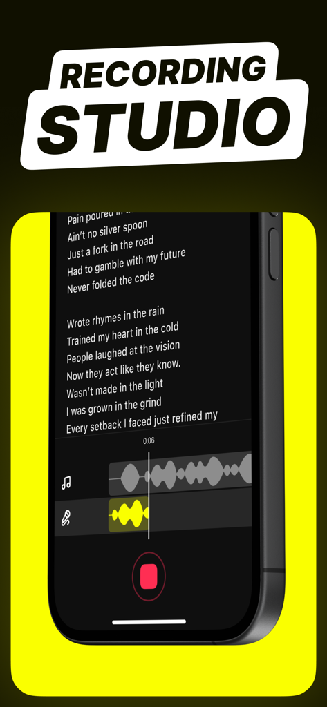 Lyric Studio - Rap Rhyme Maker - Pantalla de estudio de grabación con letras y forma de onda de audio en la aplicación Lyric Studio