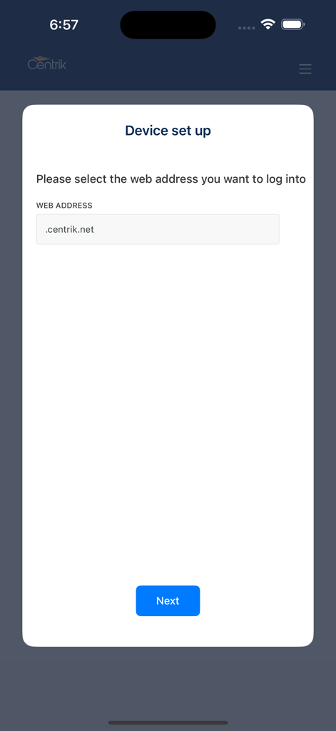 Device setup screen in the Centrik app for entering a professional web address